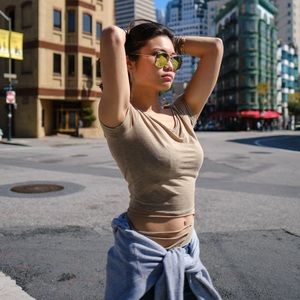 Cutout Beige Neutral Nude Belly Crop Top Slashed Womens Crew Neck Tee